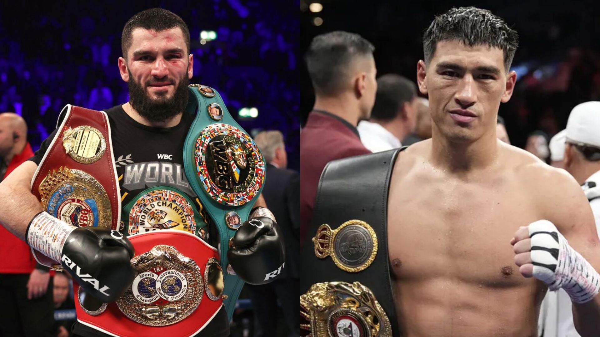 Dmitry Bivol and Artur Beterbiev posing for phots after their respective wins