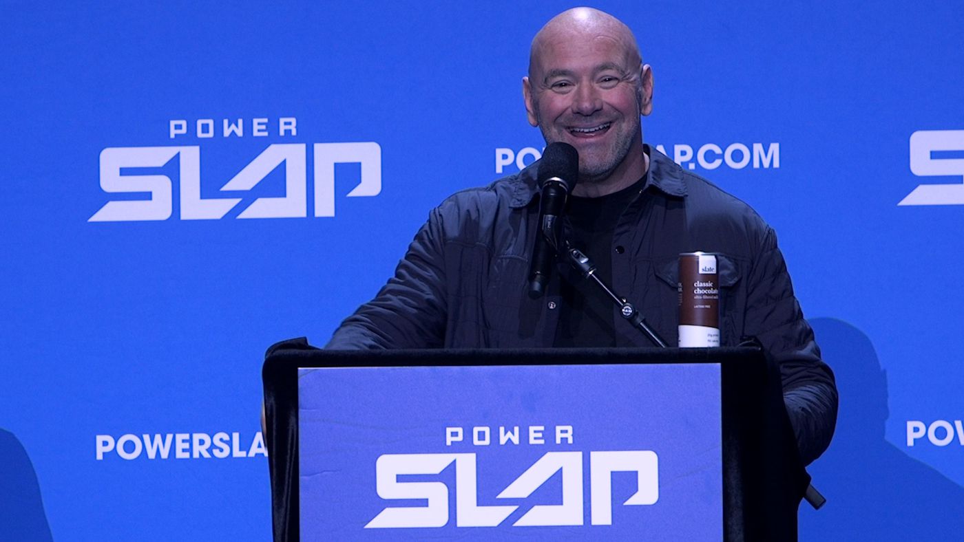 Dana White speaking at power slap press conferencd